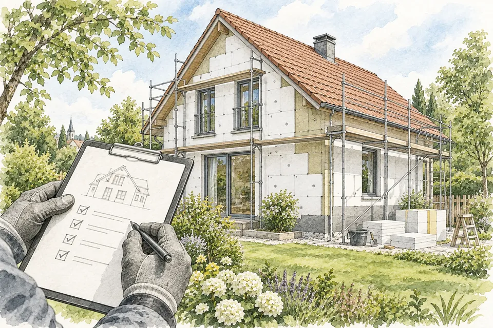 Aquarellillustration der Dokumentation einer Fassadendämmung auf der Baustelle