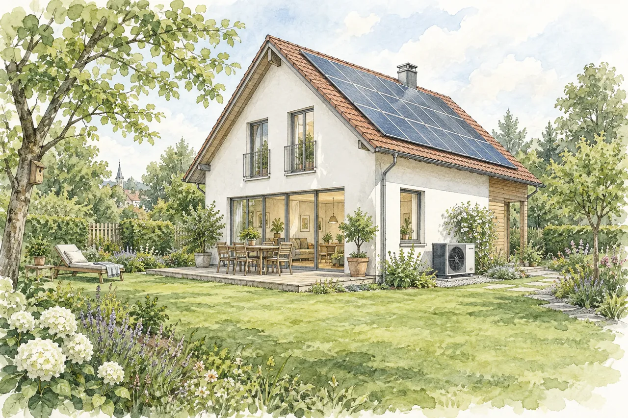 Aquarellzeichnung eines Wohnhauses mit Solaranlage, Wärmepumpe und grünem Garten